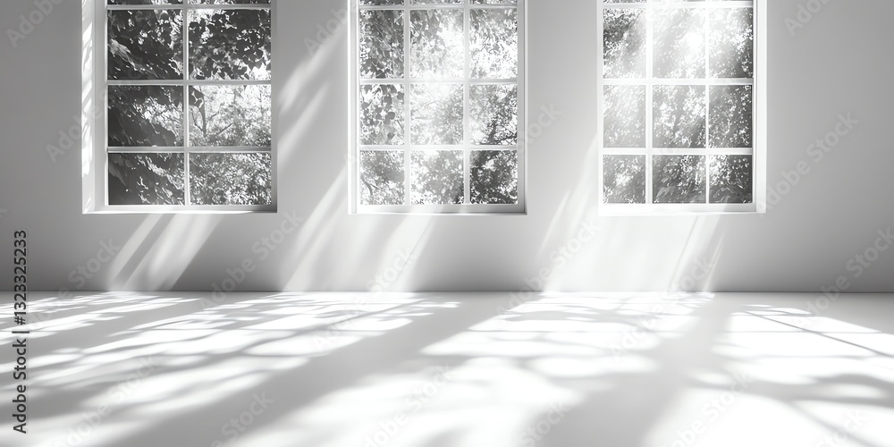 Poster sunlight streaming through windows creating shadow patterns on white floor