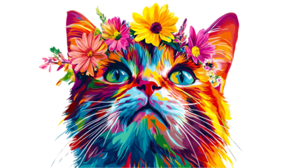 Rainbow Cat with Flowers Colorful Pet Art on transparent background