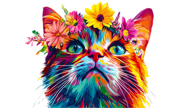 Rainbow Cat with Flowers Colorful Pet Art on transparent background