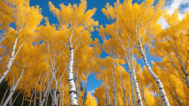 Vibrant golden aspen trees with bright yellow leaves reaching towards a clear blue sky create a stunning autumnal landscape scene.