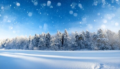 Fototapeta premium beautiful winter background of snow and blurred forest in background gently falling snow flakes against blue sky wide panorama format