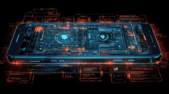 Smartphone with holographic digital interface and futuristic design elements