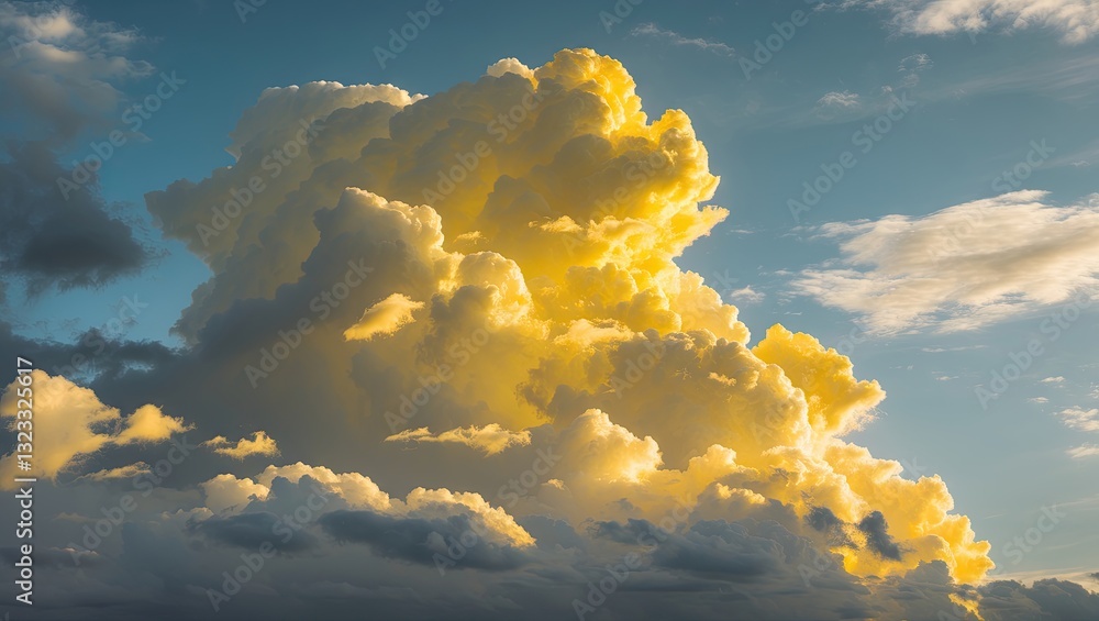 Poster vibrant yellow and gray clouds fill the sky with a soft blue backdrop showcasing ample copy space fo