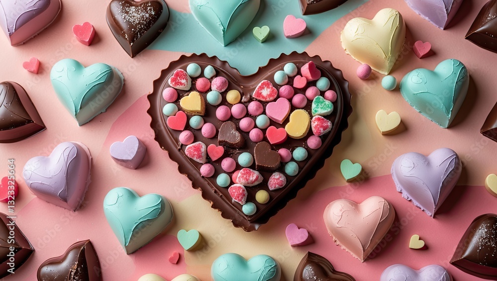 Poster chocolate hearts in various pastel colors scattered on a soft gradient backdrop with a large heart-s
