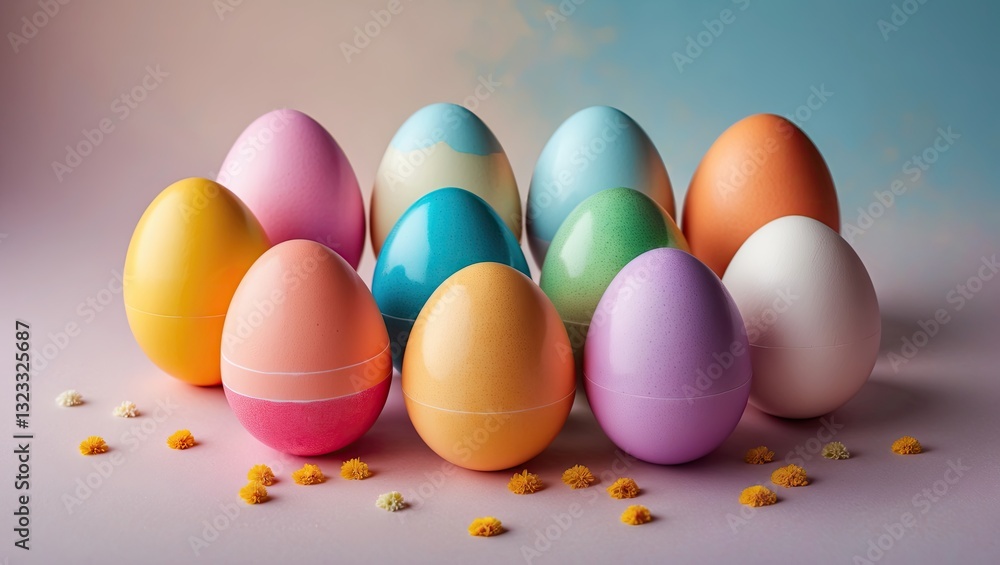 Poster colorful pastel eggs arranged in a cluster on a soft gradient background with yellow flowers scatter