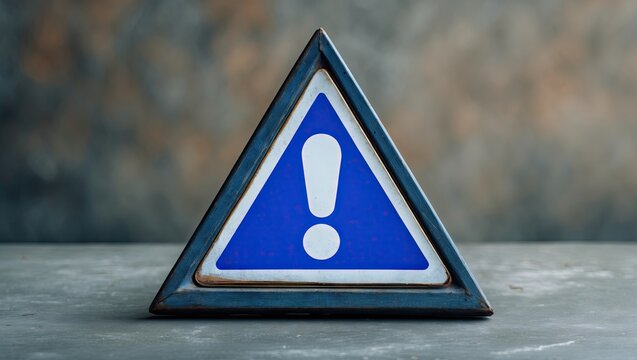 Blue triangular warning sign with exclamation mark centered on a textured gray background featuring space for text or design elements.