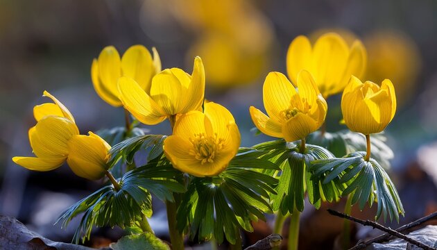 winter aconite eranthis hyemalis in bloom close up