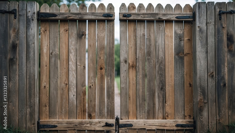 Aufkleber handmade wooden closed gate with a rustic design in natural brown tones positioned symmetrically wit