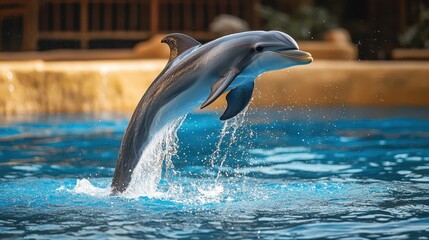 A dolphin leaps gracefully from the water, creating a splash. Perfect for websites, articles, or presentations about marine life, nature, or wildlife.