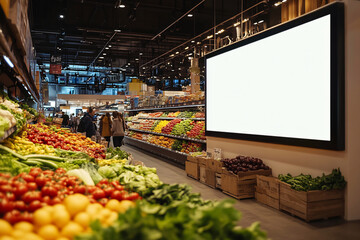 Large illuminated digital billboard mockup in a grocery store aisle, surrounded by fresh fruits and vegetables. Perfect for retail advertising, branding, and product promotions