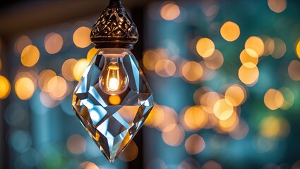 Crystal pendant lamp emitting warm light, with vibrant bokeh effects in soft gold and blue tones, creating a dreamy atmosphere.