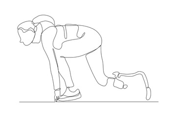 Continuous line of female amputee athlete runner with prosthetic legs run with motivation and passion competition. Single sketch drawing vector illustration 