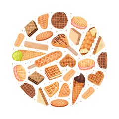 Waffles Food as Pastry Dessert Round Composition Design Vector Template