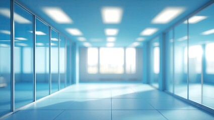Fototapeta premium Light blue business hall interior with large windows and reflections, blurred background, spacious area for text or design, bright ambient lighting.