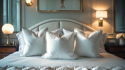 Luxurious white pillows arranged on a king-size bed illuminated by a wall lamp in an elegant bedroom with vintage decor and soft light tones.
