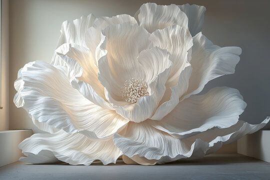 Giant white paper flower on a studio wall, perfect for a blank mockup template