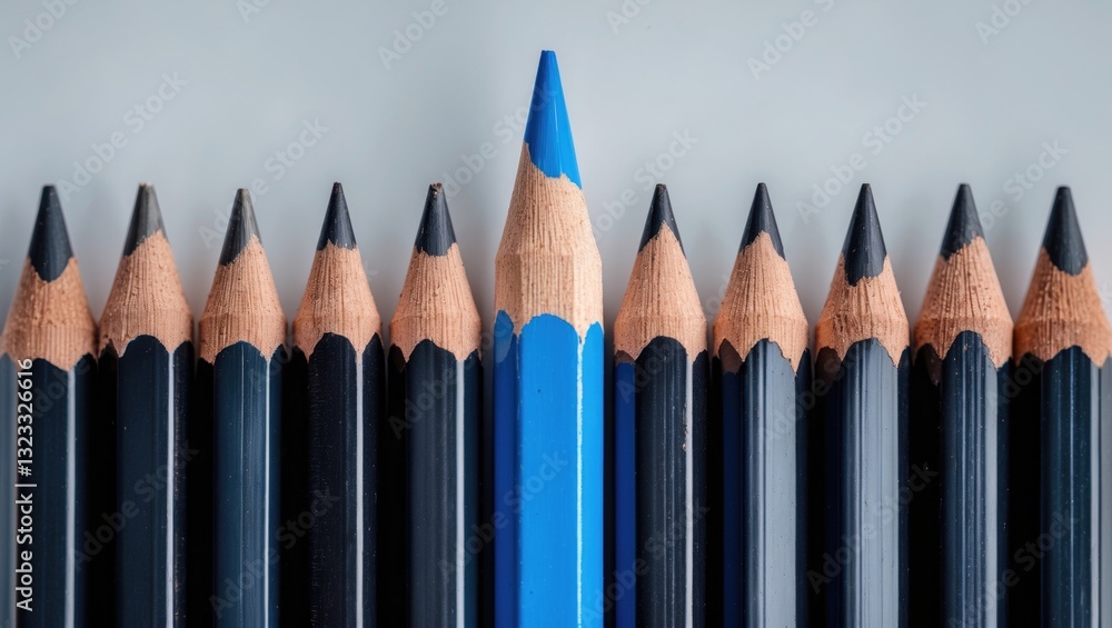 Poster blue pencil standing out among a row of black pencils arranged in a straight line with ample copy sp