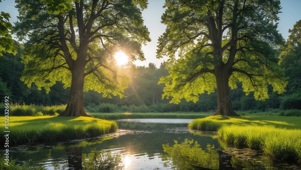 Aufkleber serene forest pond framed by two lush trees with sunlight filtering through vibrant green leaves cre
