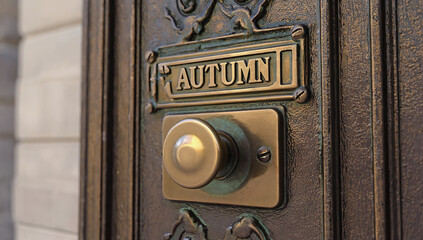 Close-up of an antique doorbell with 'AUTUMN' inscription, featuring detailed craftsmanship and a classic bronze look, perfect for capturing the essence of the fall season