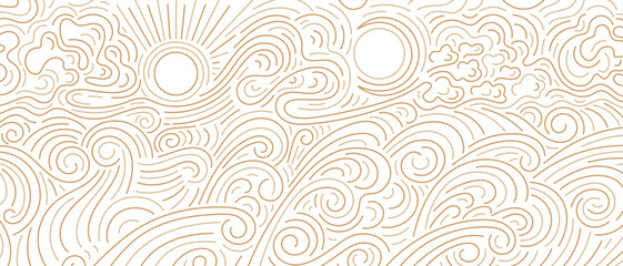 Sun, moon, cloud line. Deep sea, art chinese wave