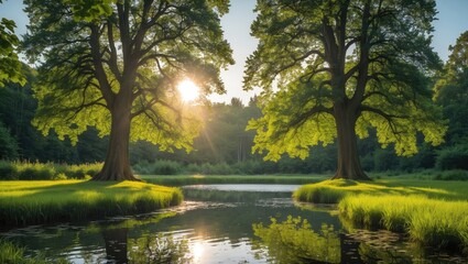 Serene forest pond framed by two lush trees with sunlight filtering through vibrant green leaves creating a tranquil atmosphere with ample copyspace.