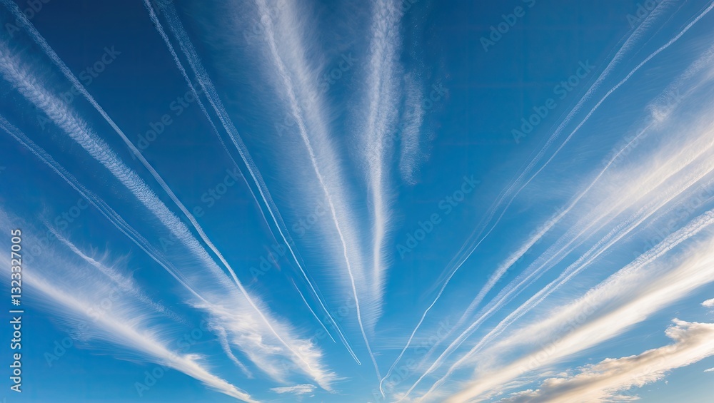 Poster vibrant blue sky with wispy white contrails radiating outward in a dynamic pattern creating a serene