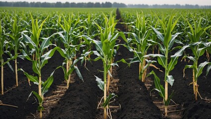 Lush green cornfield with tall stalks positioned symmetrically along dark soil rows under a clear sky, capturing growth and agricultural vitality.