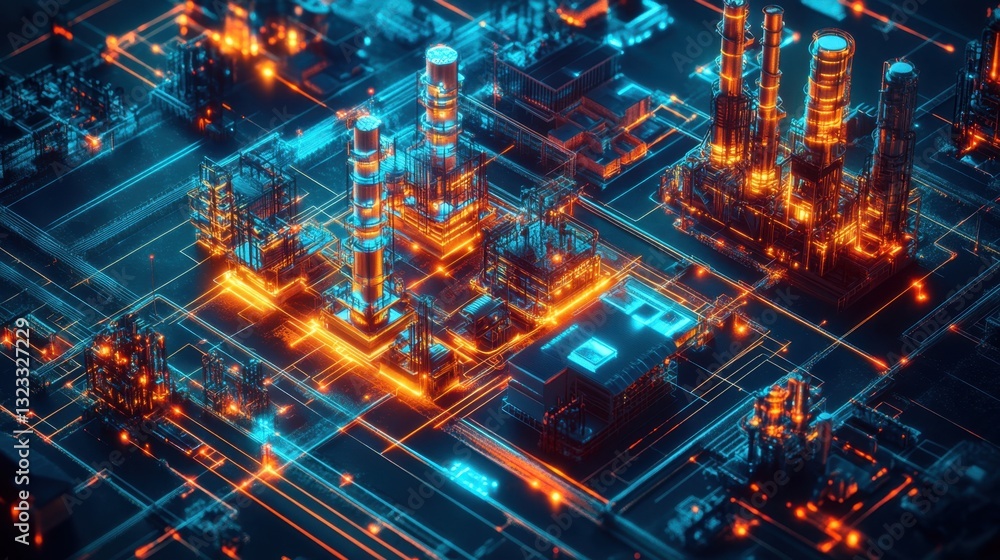 Poster a futuristic power grid with ai-driven energy distribution for factories