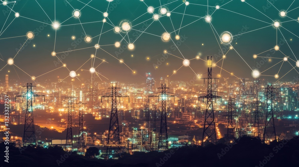Poster a futuristic power grid with ai-driven energy distribution for factories