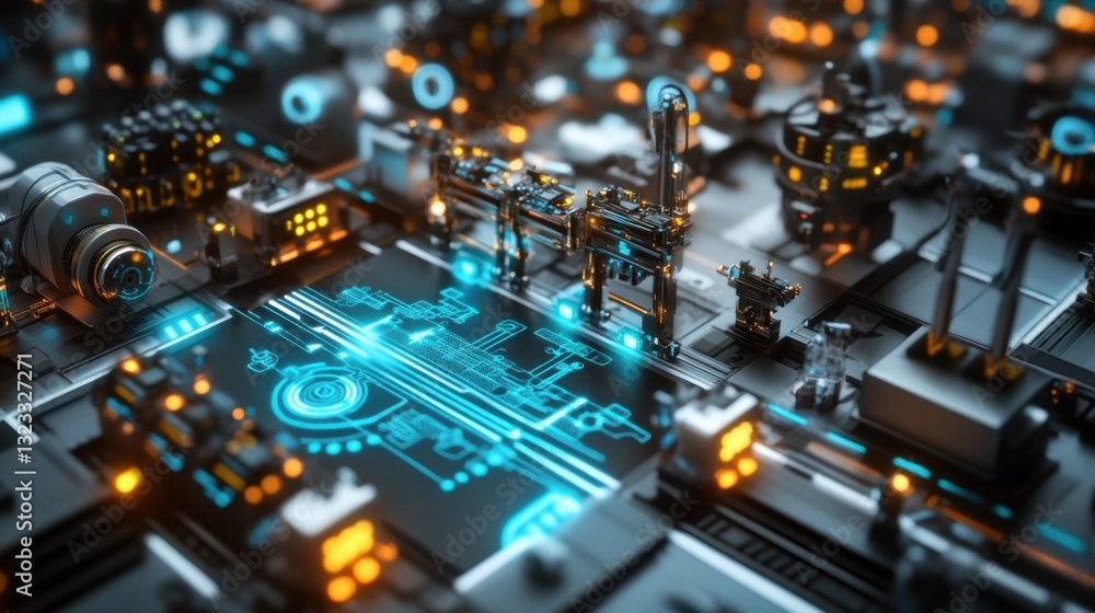 Poster a futuristic power grid with ai-driven energy distribution for factories