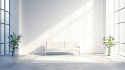 Bright spacious living room with minimalist couch and plants modern interior design natural light tranquil atmosphere
