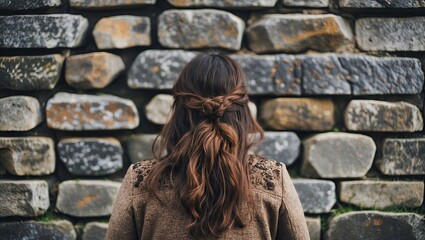 Fototapeta premium Woman with long hair facing a textured stone wall, featuring shades of gray and brown stones arranged in a pattern, creating a rustic backdrop.