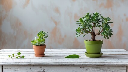 Fototapeta premium Lush green succulent plants in rustic ceramic pots on weathered wooden table against a softly textured pastel background showcasing peaceful home decor.