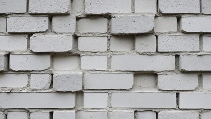 Fototapeta premium Textured background of a white cement block wall with varying shades of white and gray, featuring an uneven surface and unique brick patterns.