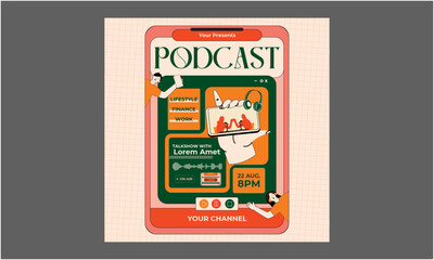 Podcast Socials Media. Vector Illustration of live podcast flyer poster design template
