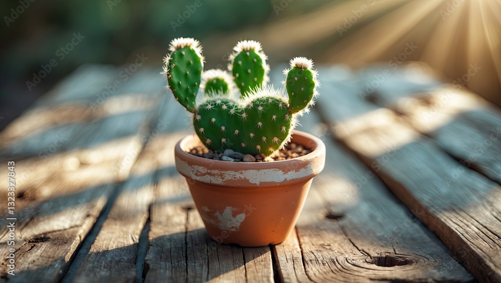 Poster lively green cactus in a terracotta pot positioned centrally on a rustic wooden table with natural l