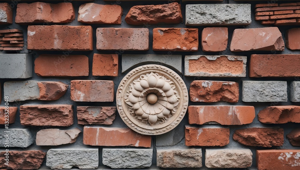 Poster textured wall with red and gray bricks arranged in various patterns featuring a central ornate stone