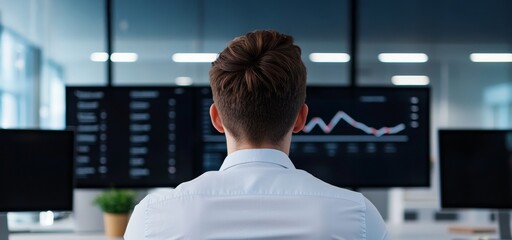 Determination of entrepreneurship growth mindset concept. Professional looking at financial graphs on multiple screens in a modern office setting.