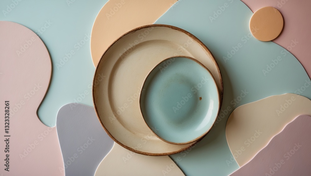Poster pastel abstract background with layered curved shapes in soft hues, a large beige plate and a smalle