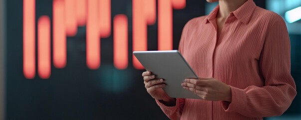 Determination of entrepreneurship growth mindset concept. Professional woman analyzing data on a tablet with digital graphics in the background.