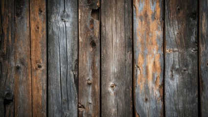 Weathered wooden planks in varying shades of brown and gray, arranged vertically with rustic texture and natural imperfections for a vintage feel
