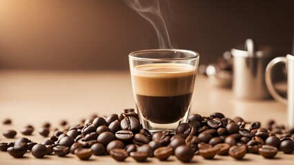 A steaming espresso shot sits atop a pile roasted coffee beans a beige surface.