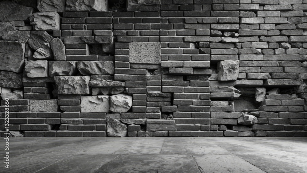 Aufkleber textured gray stone wall with mixed rock patterns and wooden floor, creating a rustic background ide