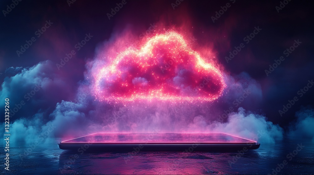 Aufkleber neon cloud icon over glowing tablet on dark background: futuristic digital interface showcasing clou