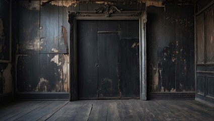 Dimly lit room with a weathered black grunge background featuring peeling paint and a central door, creating a haunting atmosphere.