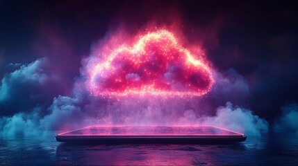 Neon cloud icon over glowing tablet on dark background: futuristic digital interface showcasing cloud computing and advanced data connectivity