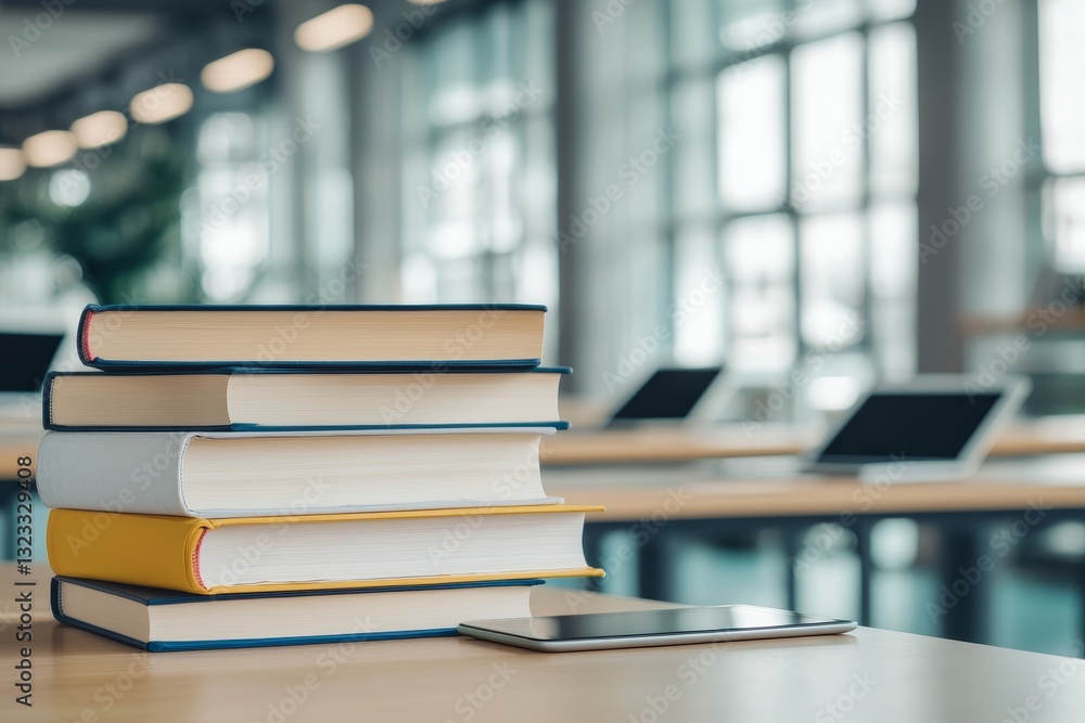 Poster higher education and collaboration degree concept. stack of books on a table with a smartphone, set 