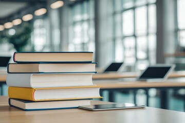 Higher education and collaboration degree concept. Stack of books on a table with a smartphone, set in a modern workspace with large windows.