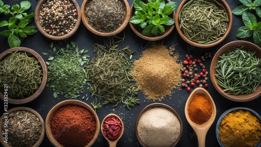 Poster assorted herbs and spices in round wooden bowls on dark background with ample copy space for text ar