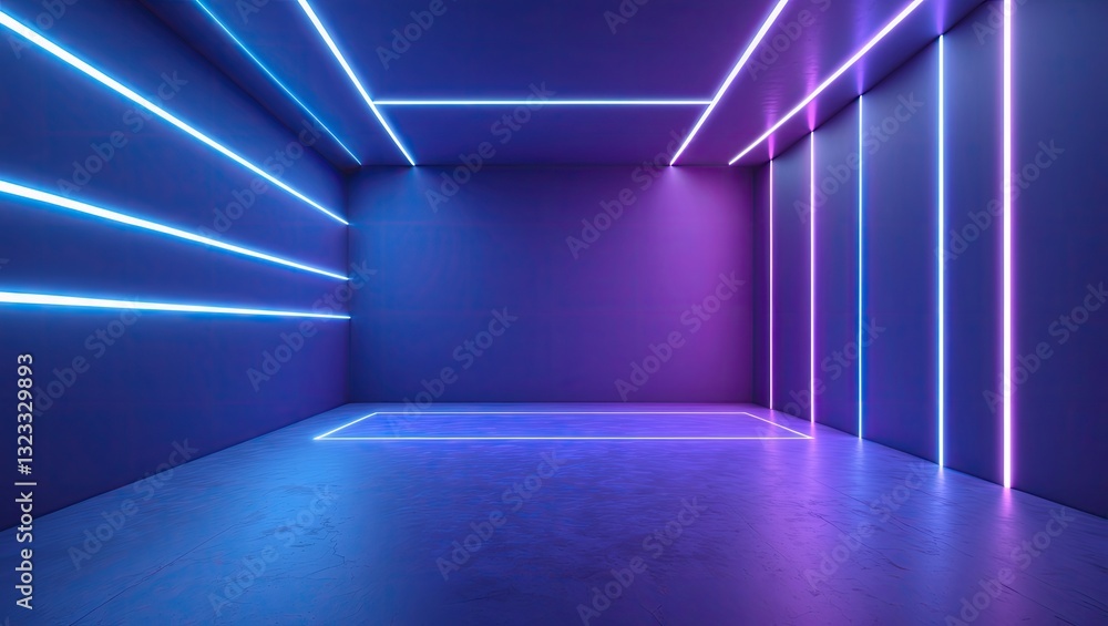 Poster glowing blue and purple neon lines create an abstract virtual room with ample copy space on the left